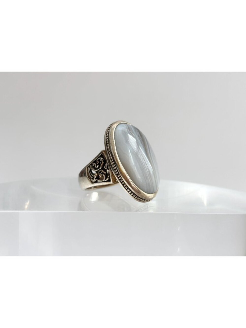 Grey Banded Agate Polished Cabochon Sterling Silver 925 Vintage Ring - sz 8 - Picture 4 of 16